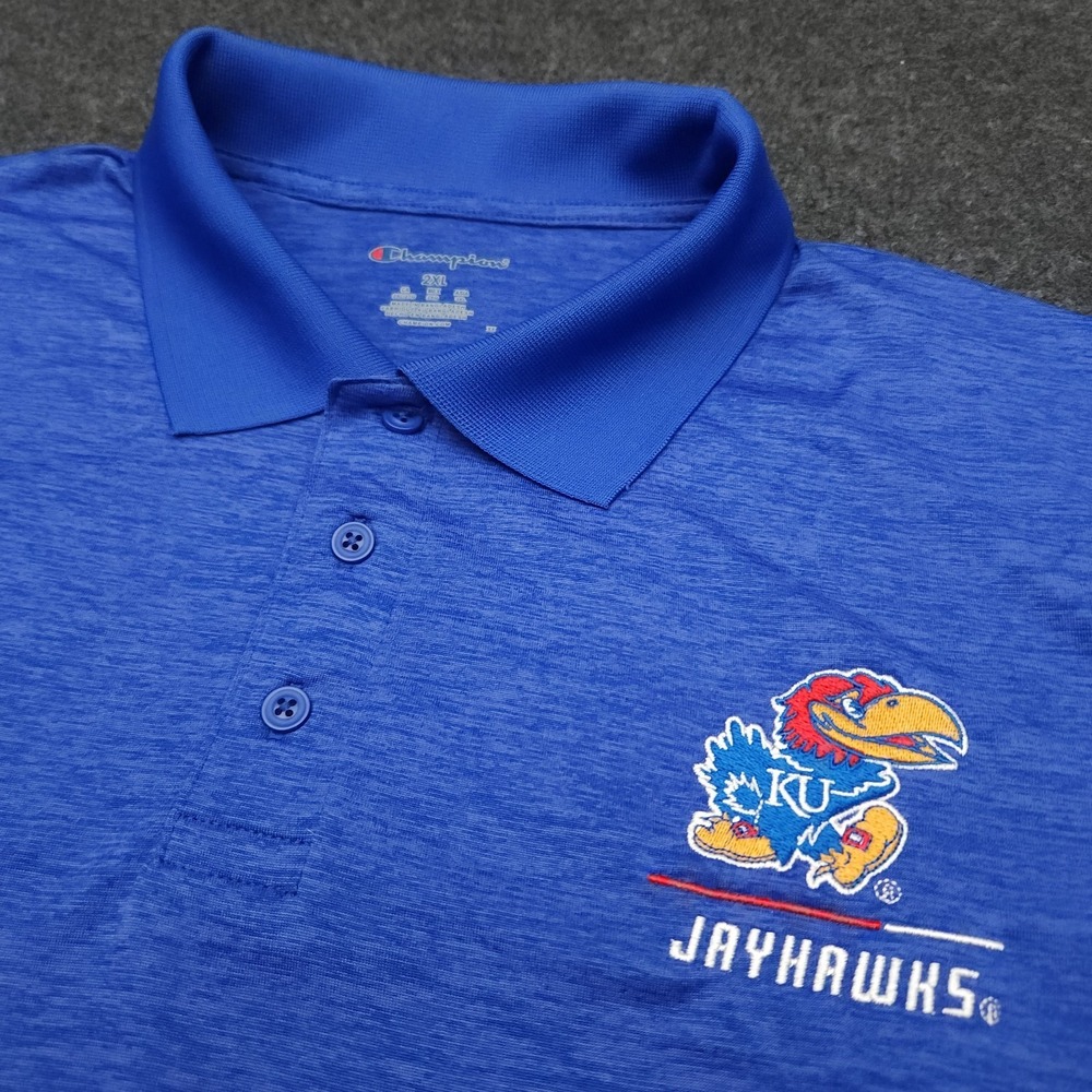 Champion Kansas Jayhawks Polo Shirt Mens 2XL Blue Performance Short Sleeve